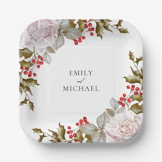Assiettes En Carton Romantique Hiver Floral et Evergreens Mariage (Recto)