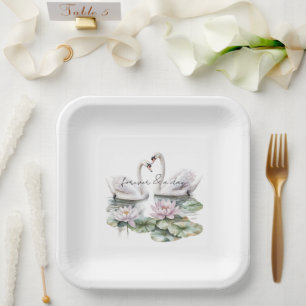 Assiettes En Carton Romantique Lotus rose Floral Swans Mariage