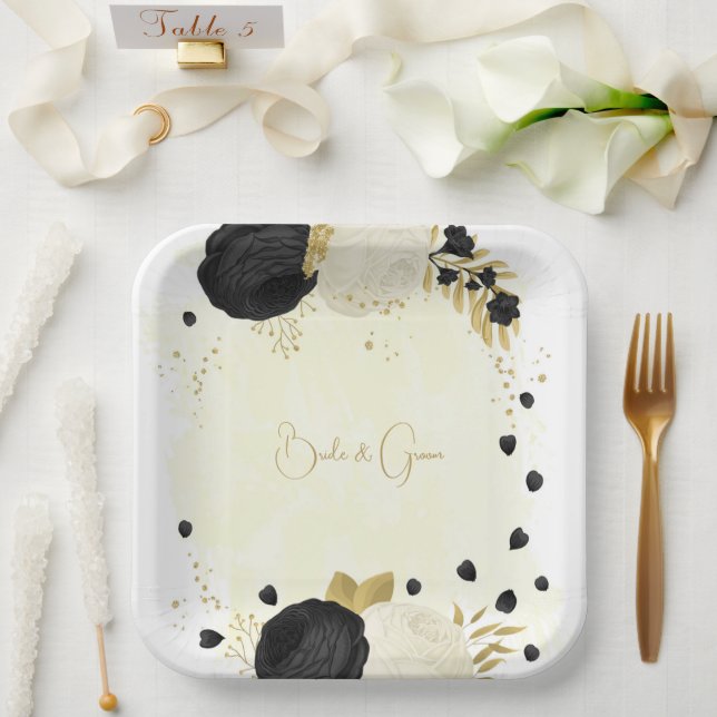 Assiettes En Carton Romantique noir & blanc fleurs or (Mariage)