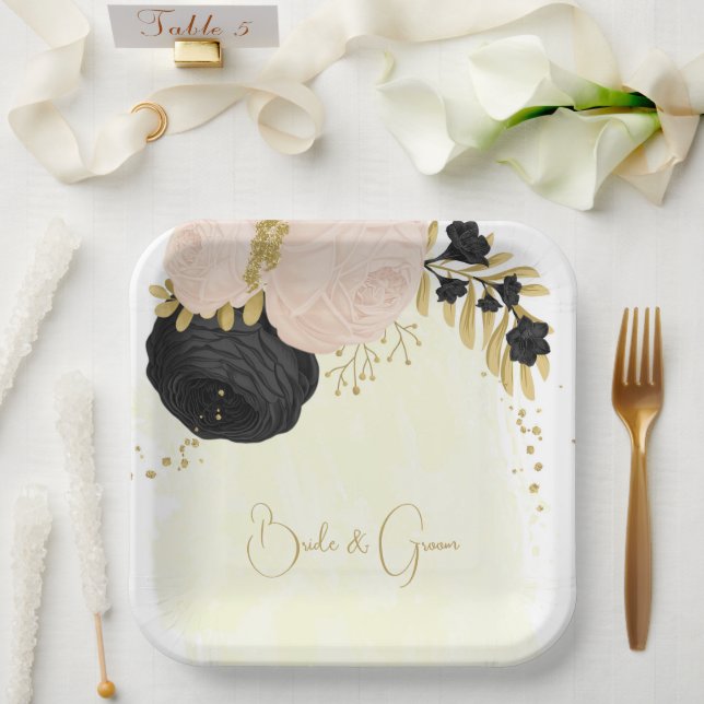 Assiettes En Carton Romantique noir & rose fleurs or mariage (Mariage)