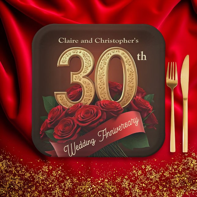Assiettes En Carton Romantique Red Roses Gold 30e anniversaire Mariage (Créateur téléchargé)