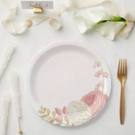 Assiettes En Carton Romantique rose & fleurs blanches or