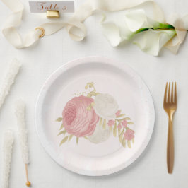Assiettes En Carton Romantique rose & fleurs blanches or