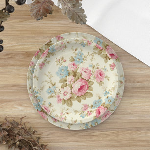 Assiettes En Carton Romantique rose Rose anglais sur jaune pâle