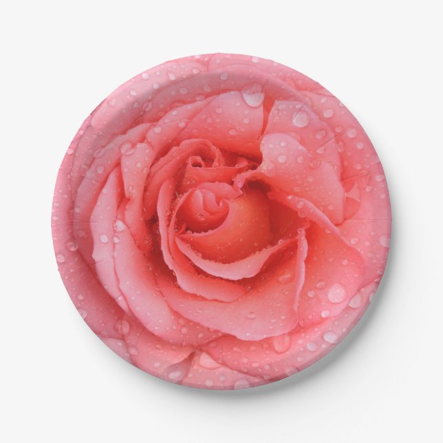 Assiettes En Carton Romantique Rose rose rouge gouttes d'eau (Devant)