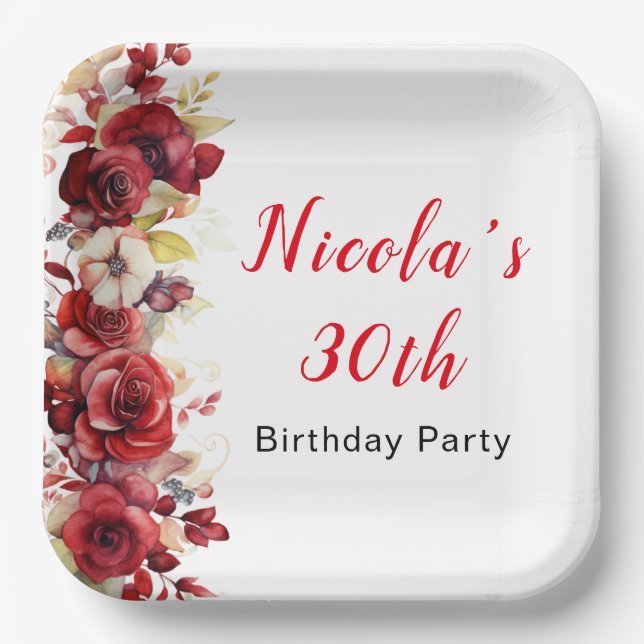 Assiettes En Carton Romantique Roses Rouges Florales Anniversaire (Recto)