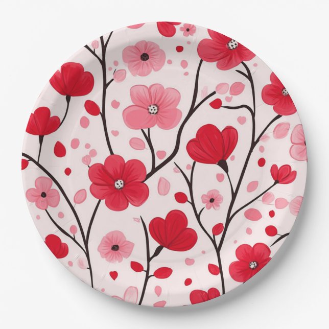 Assiettes En Carton Romantique Rouge floral (Devant)