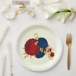 Assiettes En Carton Romantique rouge foncé & bleu marine fleurs or