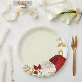 Assiettes En Carton Romantique rouge foncé & fleurs blanches or