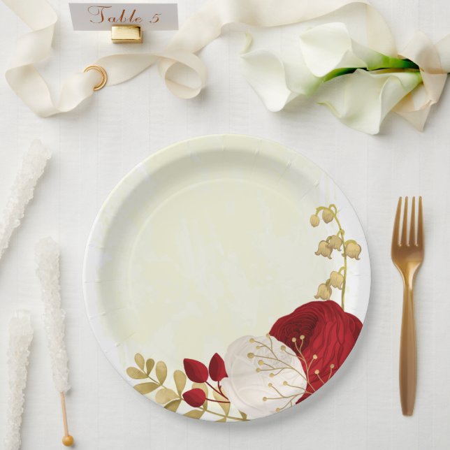 Assiettes En Carton Romantique rouge foncé & fleurs blanches or (Mariage)