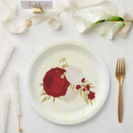 Assiettes En Carton Romantique rouge foncé & fleurs blanches or