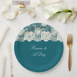 Assiettes En Carton Romantique Turquoise bleu blanc dentelle Mariage f