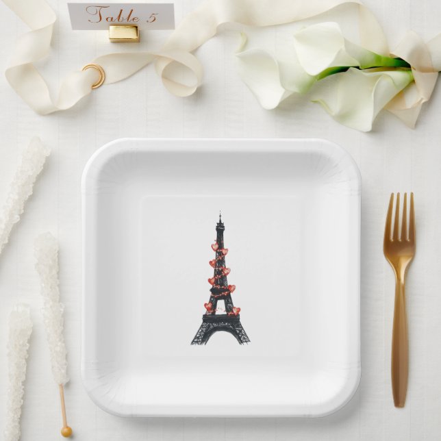Assiettes En Carton Romantique White Red Hearts Tour Eiffel Mariage (Mariage)