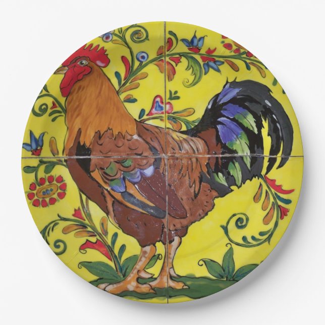 Assiettes En Carton Rooster Jaune Carrelage Floral Folk Art Pays (Devant)