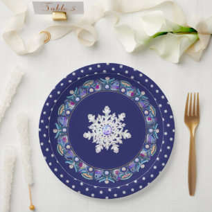 Assiettes En Carton Rosace bleue et flocon de neige