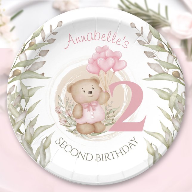 Assiettes En Carton Rose 2e anniversaire mignonne Teddy Bear Plaques d (Pink 2nd Birthday Cute Teddy Bear Paper Plates)