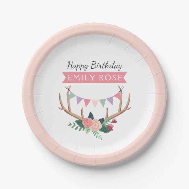 Assiettes En Carton Rose Antlers & Party Bunting Girl'Anniversaire (Devant)