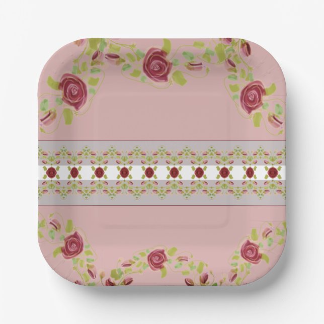 Assiettes En Carton Rose Avec Motif Floral (Recto)
