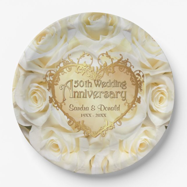Assiettes En Carton Rose blanche 50e anniversaire de Mariage (Devant)