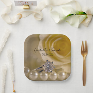 Assiettes En Carton Rose blanche, anneau et Mariage de perles