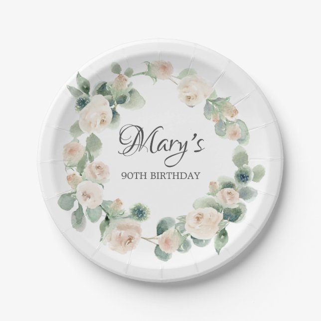 Assiettes En Carton Rose blanche Eucalyptus 90e Anniversaire Plaque de (Devant)