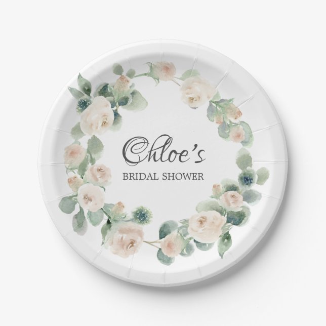 Assiettes En Carton Rose blanche Fête des mariées Eucalyptus (Devant)