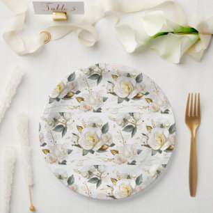Assiettes En Carton Rose blanche Mariage floral romantique