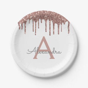 Assiettes En Carton Rose blanche paillettes d'or Monogramme Anniversai