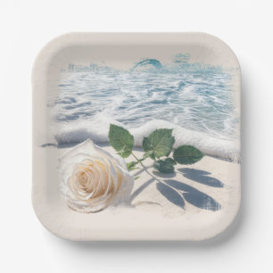 Assiettes En Carton Rose Blanche Sur Le Sable De Plage