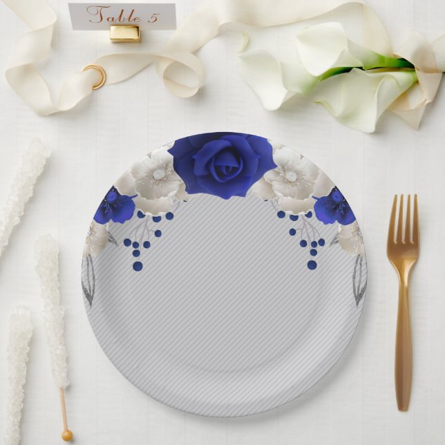 Assiettes En Carton rose bleue royale fleurs blanches grises (Mariage)