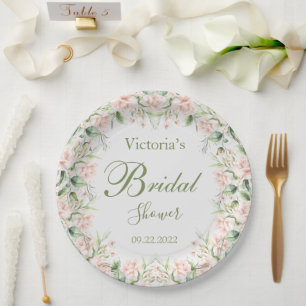 Assiettes En Carton Rose Blush Floral Élégant Nom Fête des mariées