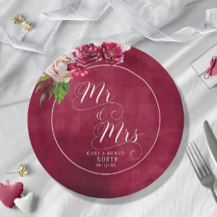 Assiettes En Carton Rose Bourgogne/Mariage de crème M. et Mme ID584