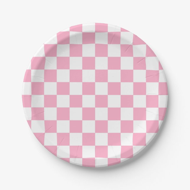 Assiettes En Carton Rose Checkered et blanc (Devant)