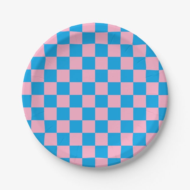 Assiettes En Carton Rose Checkered et turquoise (Devant)