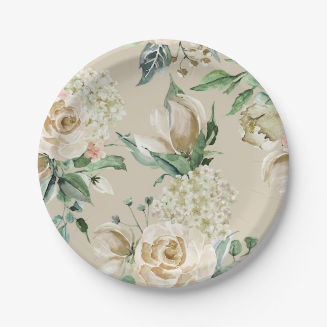Assiettes En Carton Rose de crème Hydrangea Aquarelle Beige (Devant)