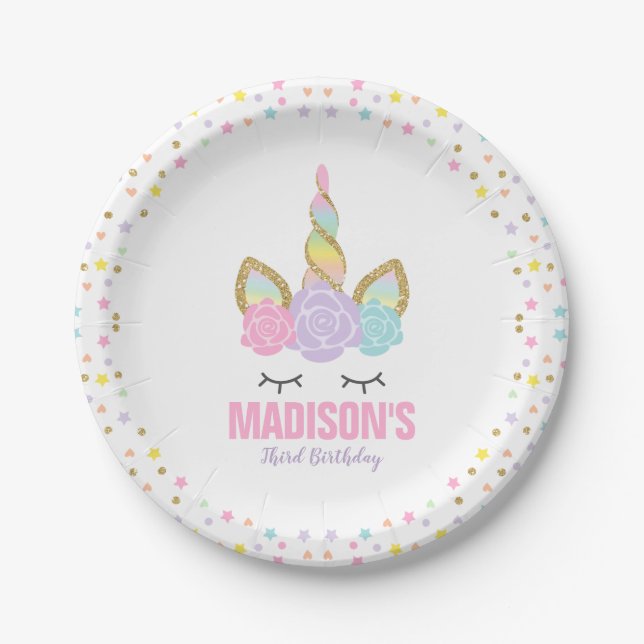 Assiettes En Carton Rose de licorne et plaque à papier 7" d'or plaques (Devant)