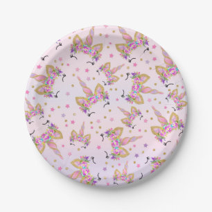 Assiettes En Carton Rose de licorne et plaque à papier 7" d'or plaques