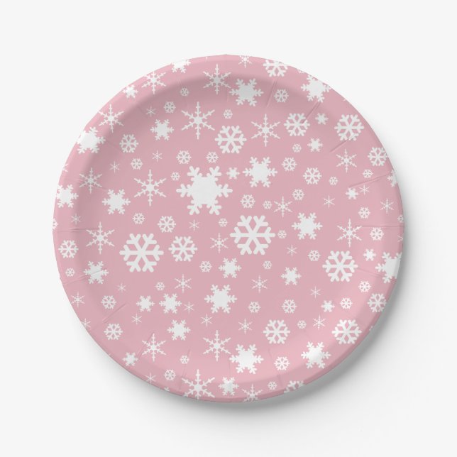 Assiettes En Carton Rose en pastel de Noël de motif élégant de flocon (Devant)