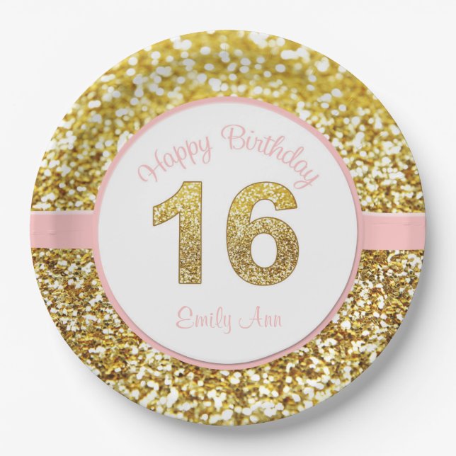 Assiettes En Carton Rose et 16èmes plats d'anniversaire d'or (Devant)