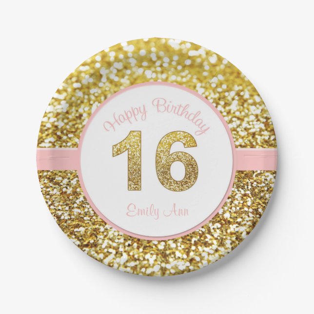 Assiettes En Carton Rose et 16èmes plats d'anniversaire d'or (Devant)