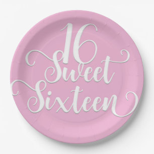 Assiettes En Carton Rose et blanc sucré 16 fête d'anniversaire