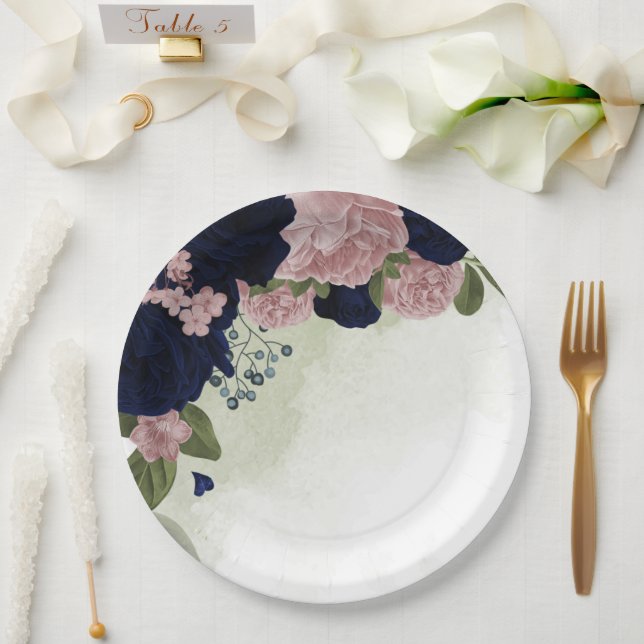 Assiettes En Carton rose et bleu marine fleurs verdure (Mariage)
