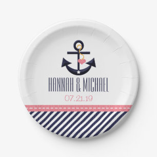 Assiettes En Carton Rose et mariage nautique d'Ancre de marine