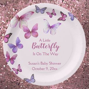 Assiettes En Carton Rose et violet Un petit Baby shower papillon