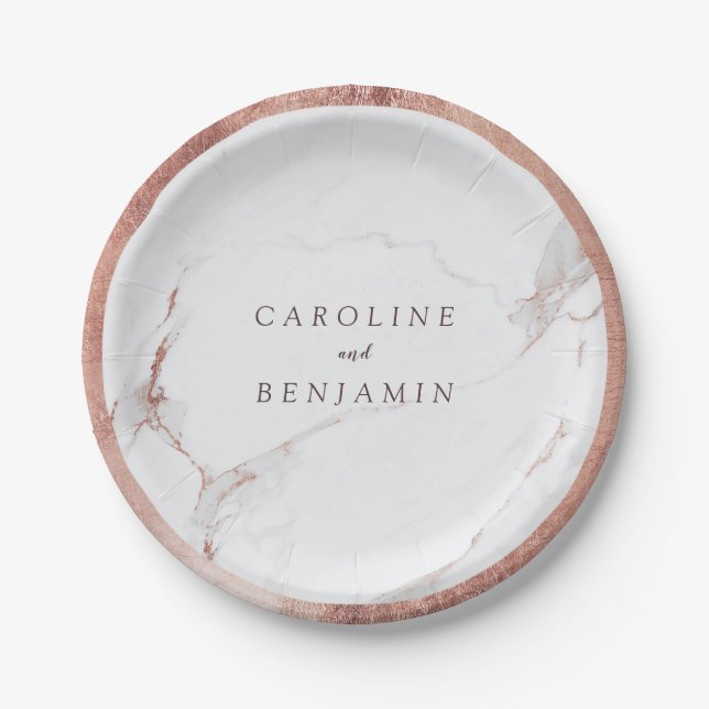 Assiettes En Carton Rose feuille or frontière marbre luxe moderne mari (Devant)