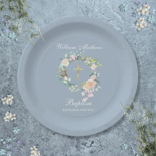 Assiettes En Carton Rose Garland Baptême Christening Dusty Blue