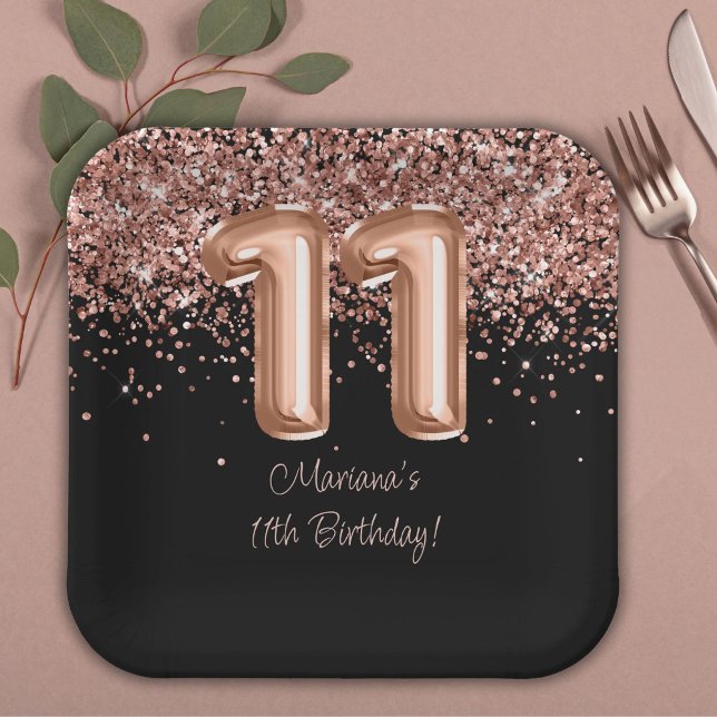 Assiettes En Carton Rose Gold Black 11e fête d'anniversaire (Créateur téléchargé)