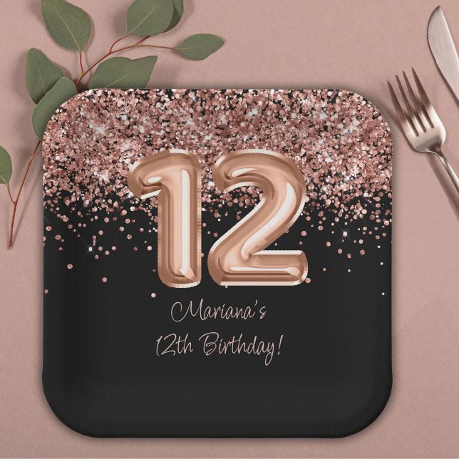 Assiettes En Carton Rose Gold Black 12e fête d'anniversaire (Créateur téléchargé)