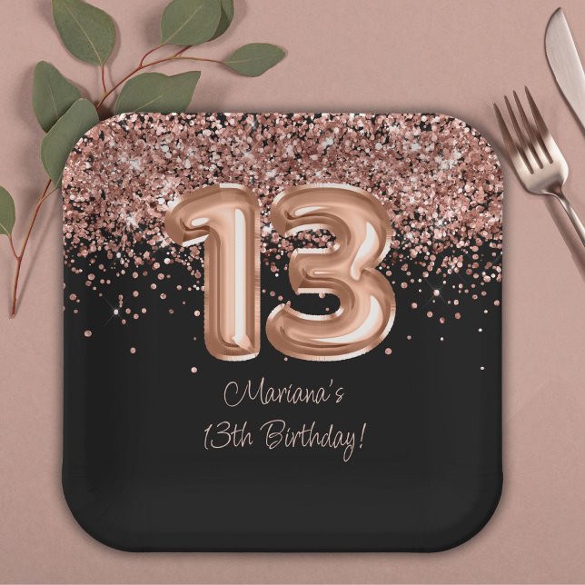 Assiettes En Carton Rose Gold Black 13e fête d'anniversaire (Créateur téléchargé)