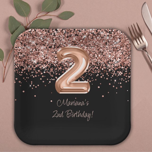 Assiettes En Carton Rose Gold Black 2ème fête d'anniversaire (Créateur téléchargé)